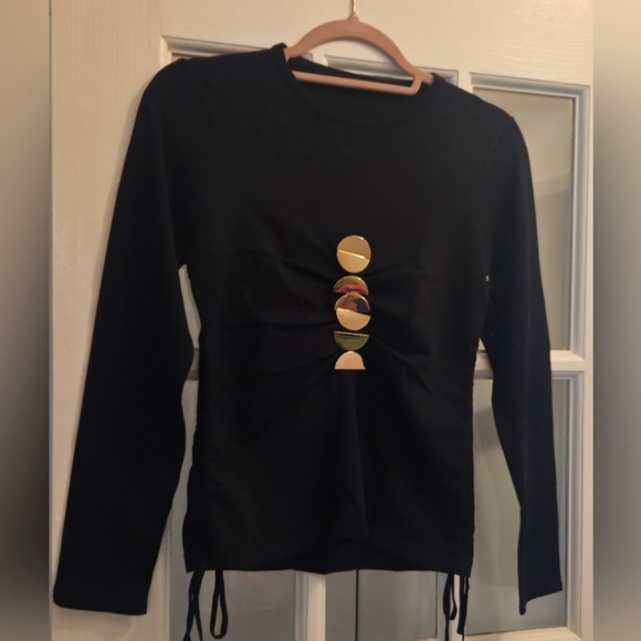 Aleeza Elegant Black Oliva Sweater with Gold Pin Accents & Cinched - Picture 7 of 7